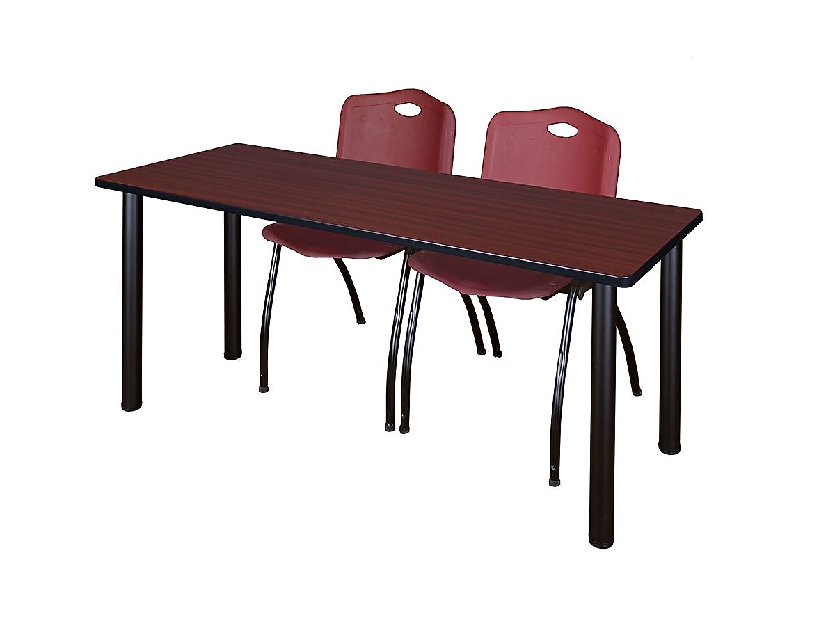 Regency 72"L x 24"W Kee Training Table- Mahogany/ Black & 2 'M' Stack Chairs- Burgundy (MT7224MHPBK47BY)