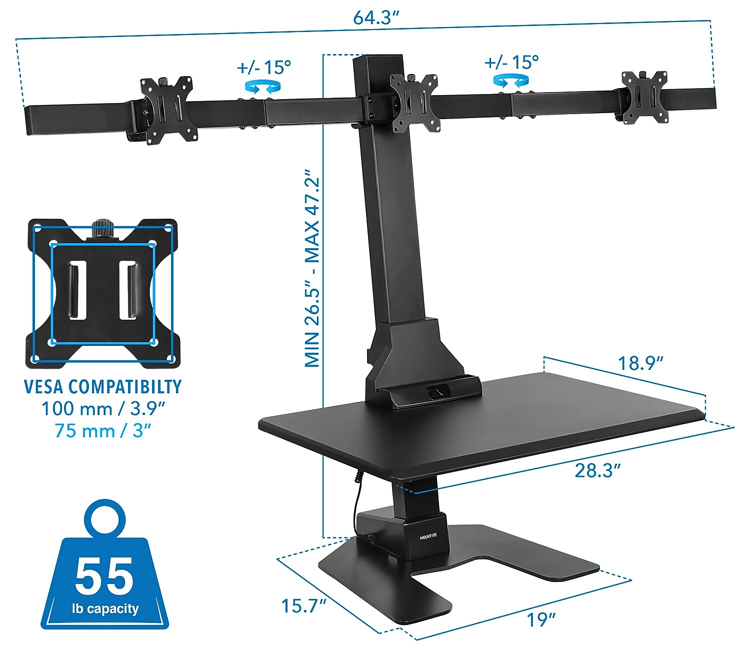 Mount-It! 28"W Adjustable Triple Monitor Mount, Black (MI-7983)