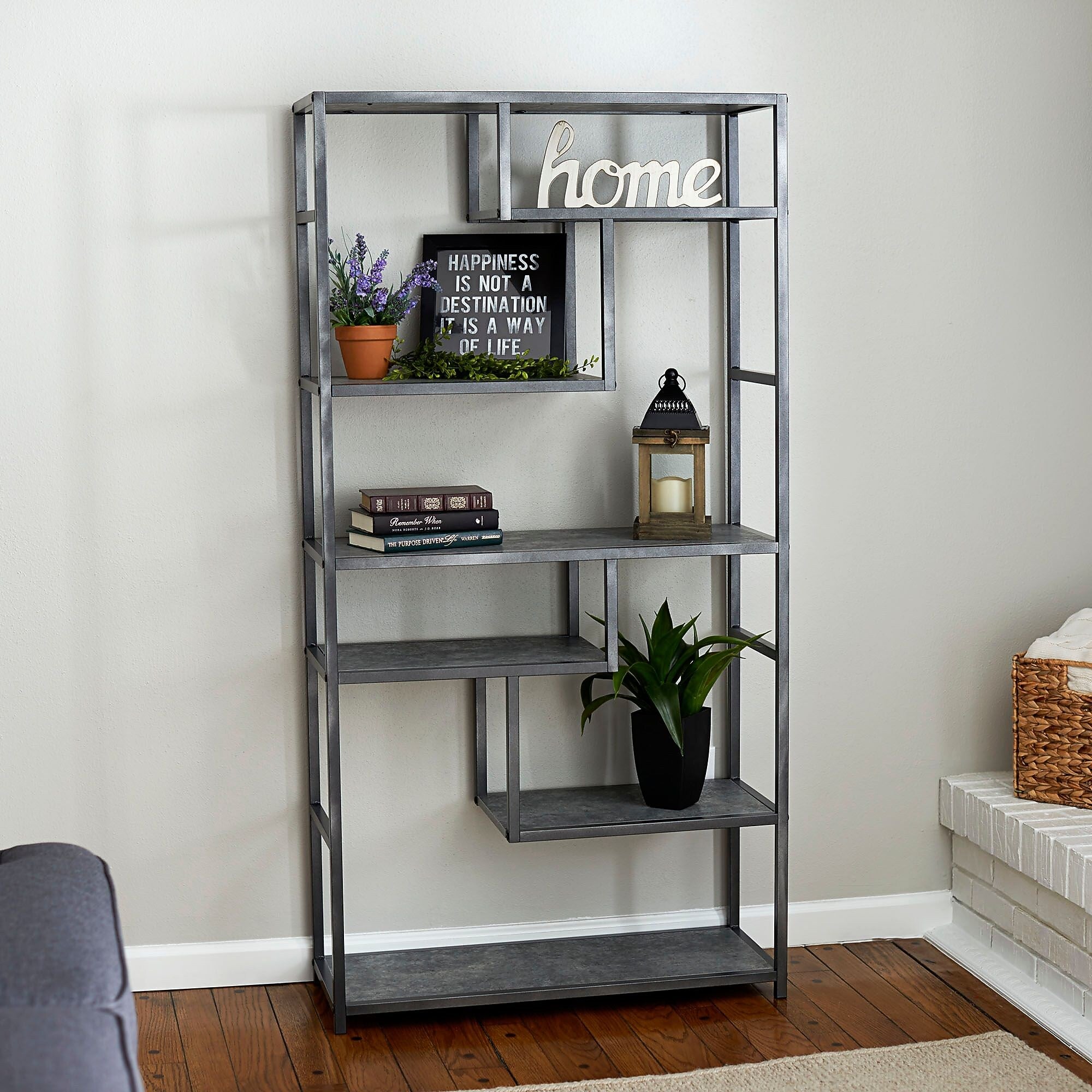 Household Essentials 65"H 6-Shelf Bookcase, Slate Faux Concrete (8090-1)