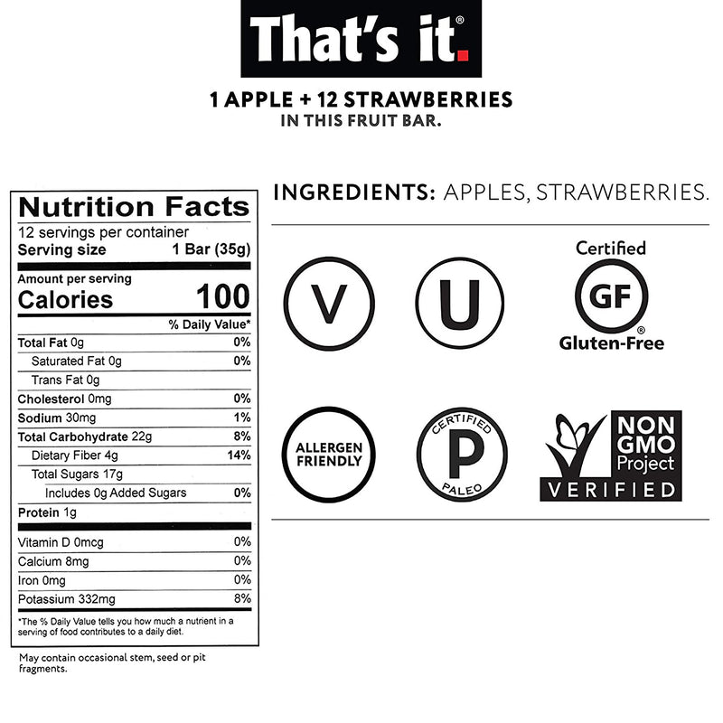 THAT'S IT Gluten Free Apple & Strawberry Nutrition Bar, 1.2 oz., 12 Bars/Box (307-00238)