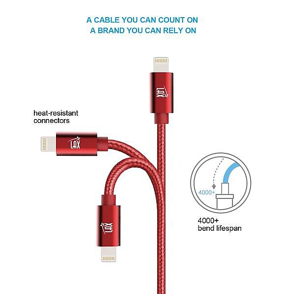 LAX Gadgets Lightning to USB-A Charging Cable, 4 ft., Red (LGHTMFI4FT-RED)