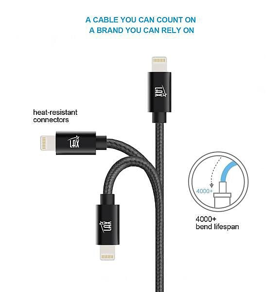 LAX Gadgets Lightning to USB-A Charging Cable, 4 ft., Black (LGHTMFI4FT-BLK)