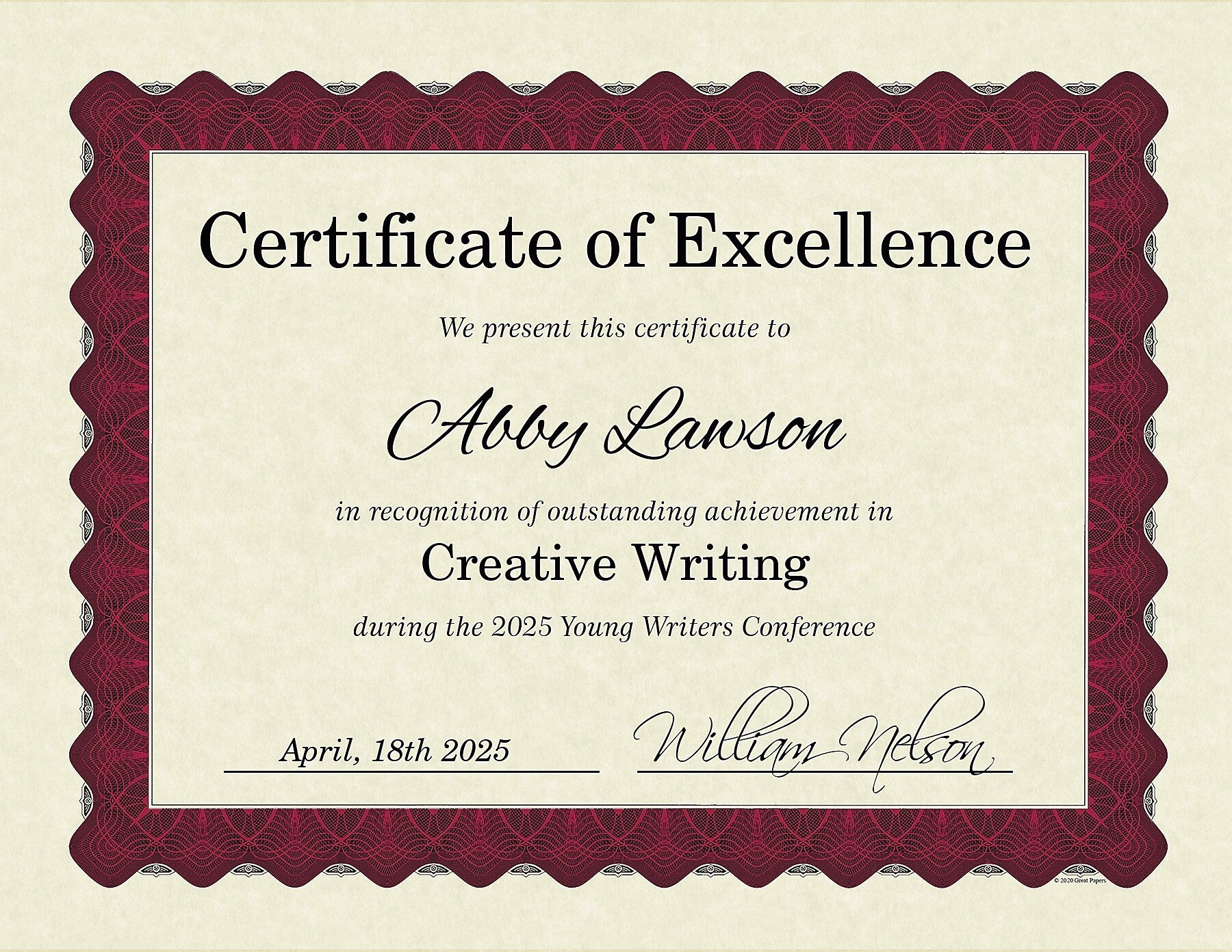 Great Papers Certificates, 8.5" x 11", Beige/Metallic Red, 25/Pack (934125)