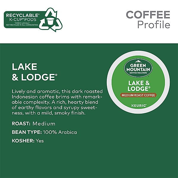 Green Mountain Lake & Lodge Coffee, Medium Roast, 0.31 oz. Keurig® K-Cup® Pods, 24/Box (6523)