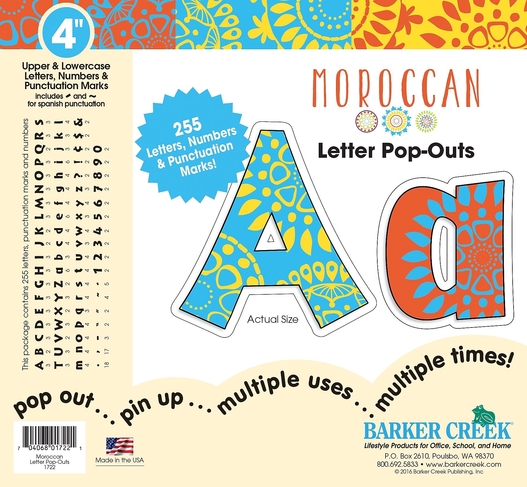 Barker Creek Moroccan  4" Letters and Numbers, Multicolored, 255/Pack (BC1722)