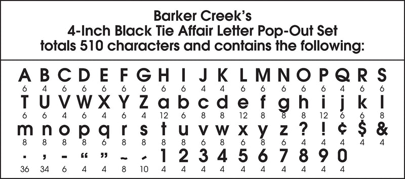 Barker Creek Black Tie Affair  4" Letters and Numbers, Black, 510/Pack (BC3637)