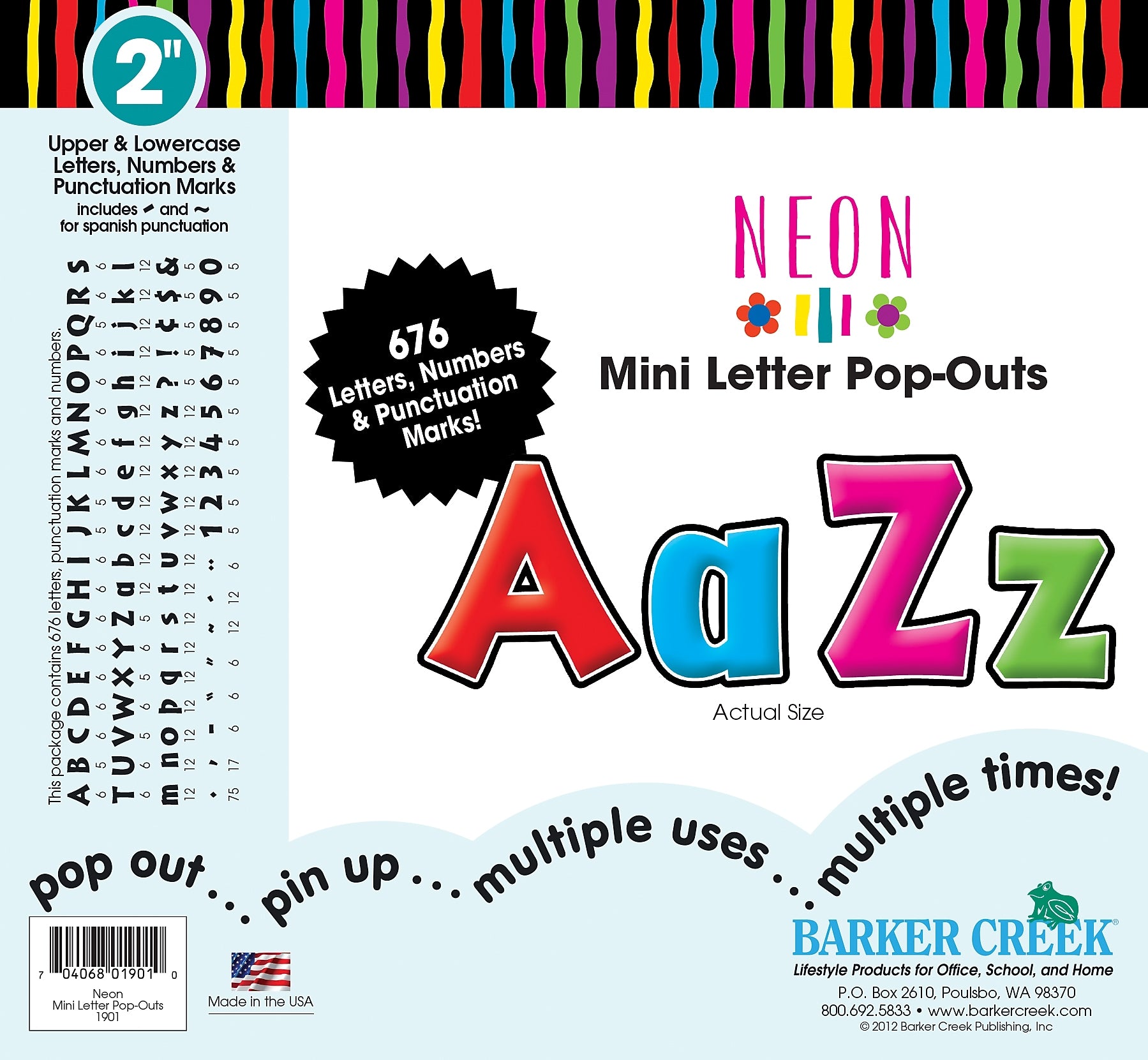 Barker Creek Neon  2" Letters and Numbers, Multicolored, 676/Pack (LL1901)