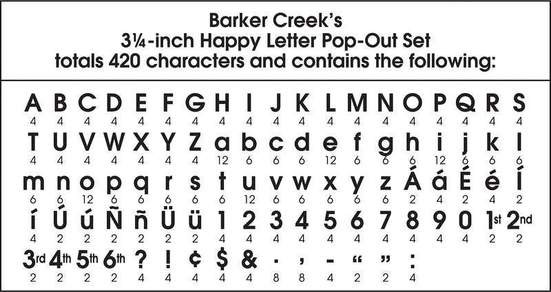 Barker Creek Happy  3.25" Letters and Numbers, Multicolored, 420/Pack (BC3644)