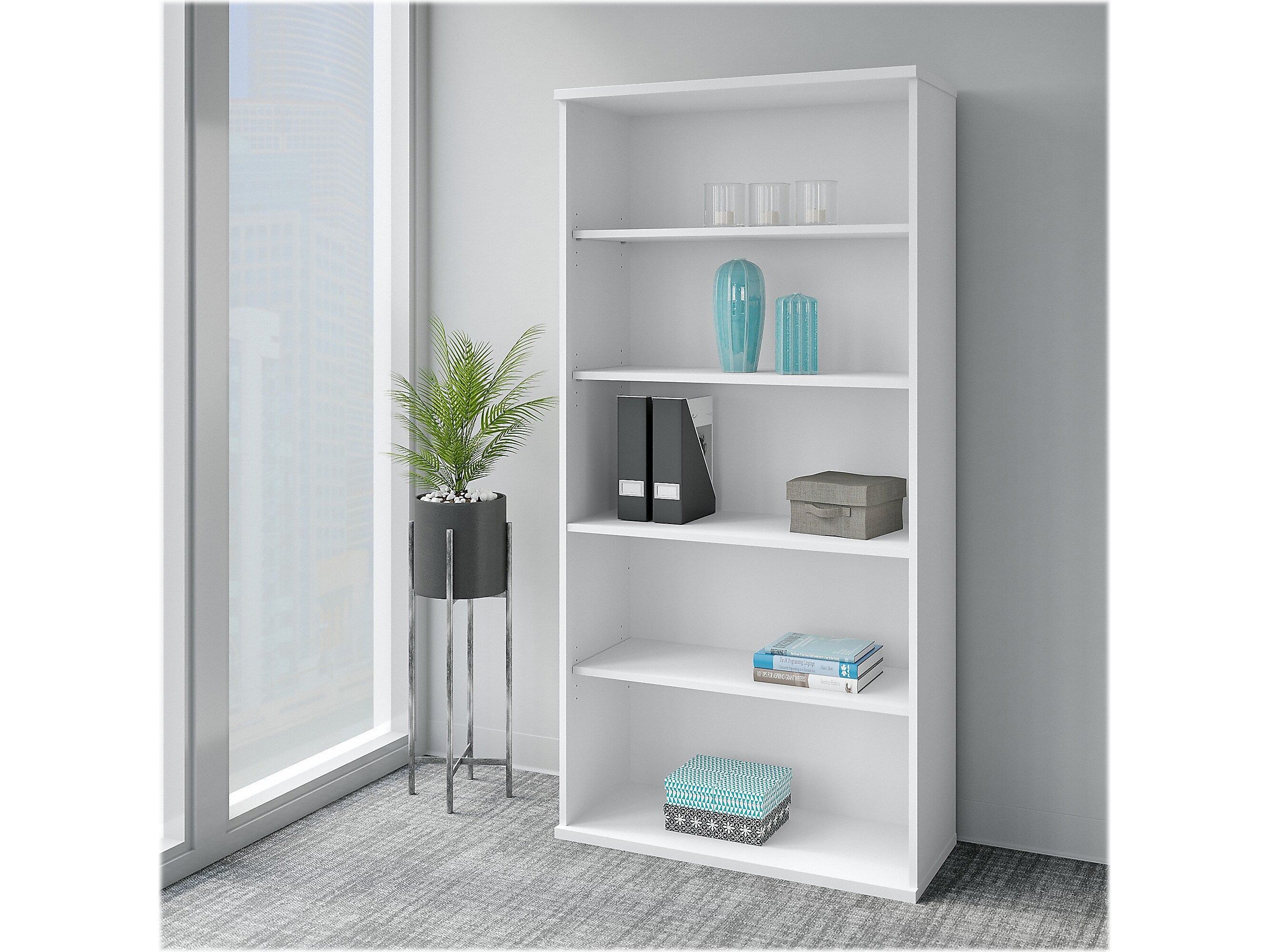 Bush Business Furniture Easy Office 73" 5-Shelf Bookcase with Adjustable Shelves, White Laminated Wood (EO105WH)