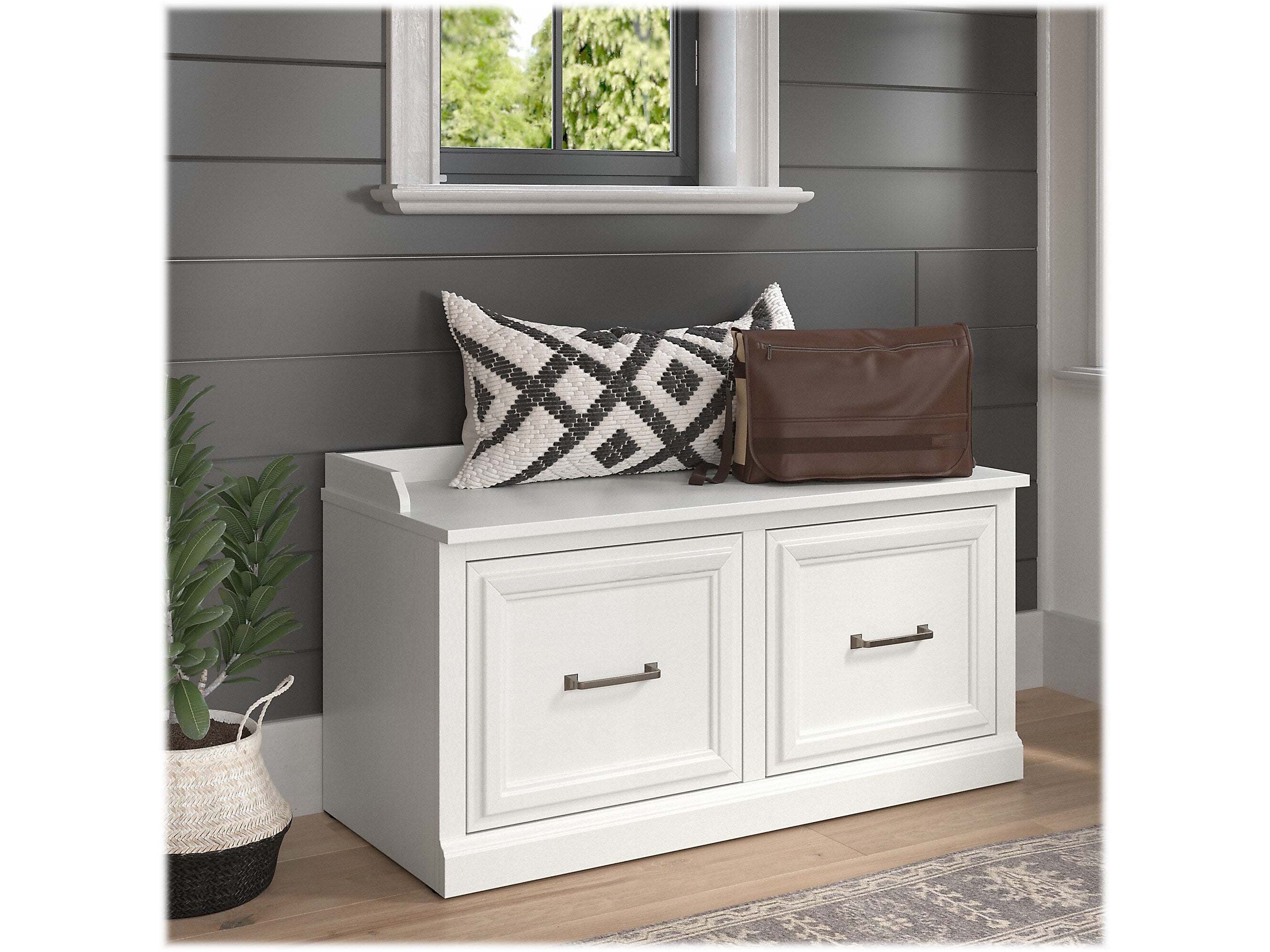 Bush Furniture Woodland 40W Shoe Storage Bench with Doors, White Ash (WDS140WAS-03)