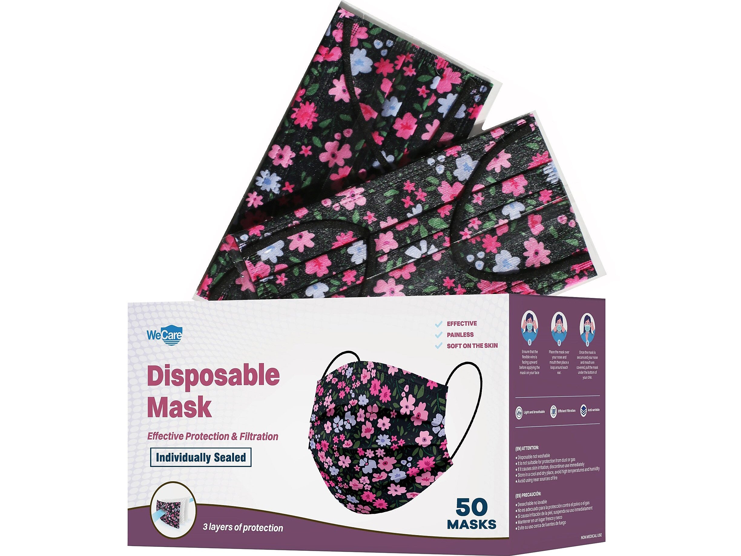 WeCare 3-ply Disposable Face Mask, Adult, Flowers, 50/Box (WMN100073)