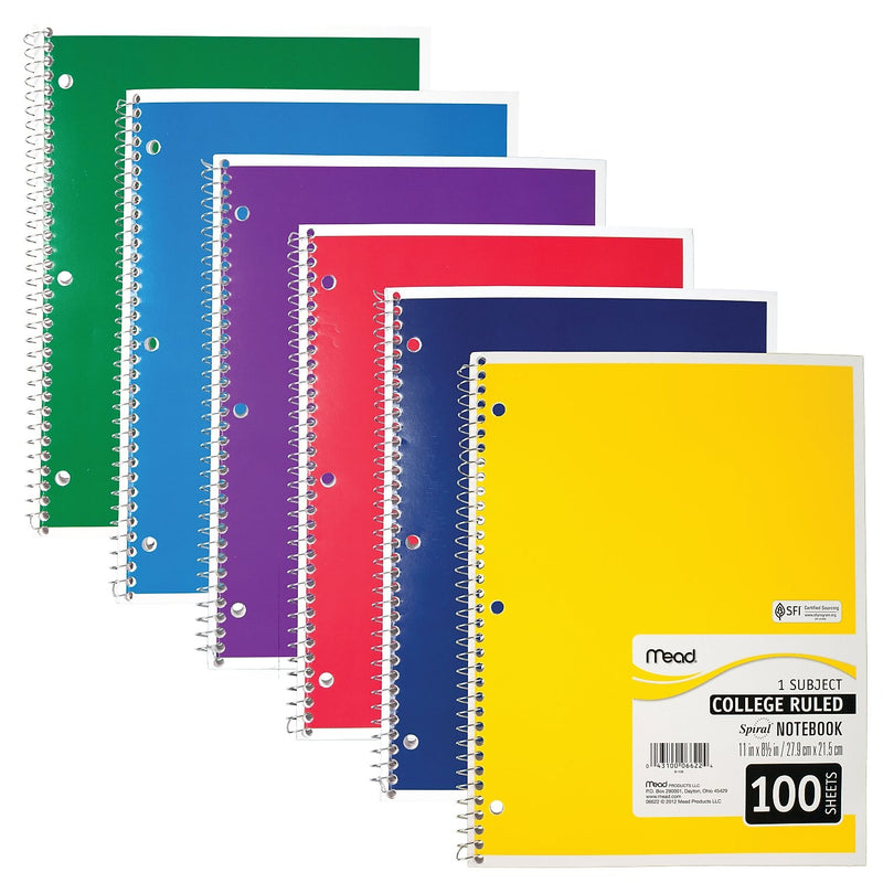 Mead 1-Subject Notebooks, 8" x 11", College Ruled, 100 Sheets (6622)