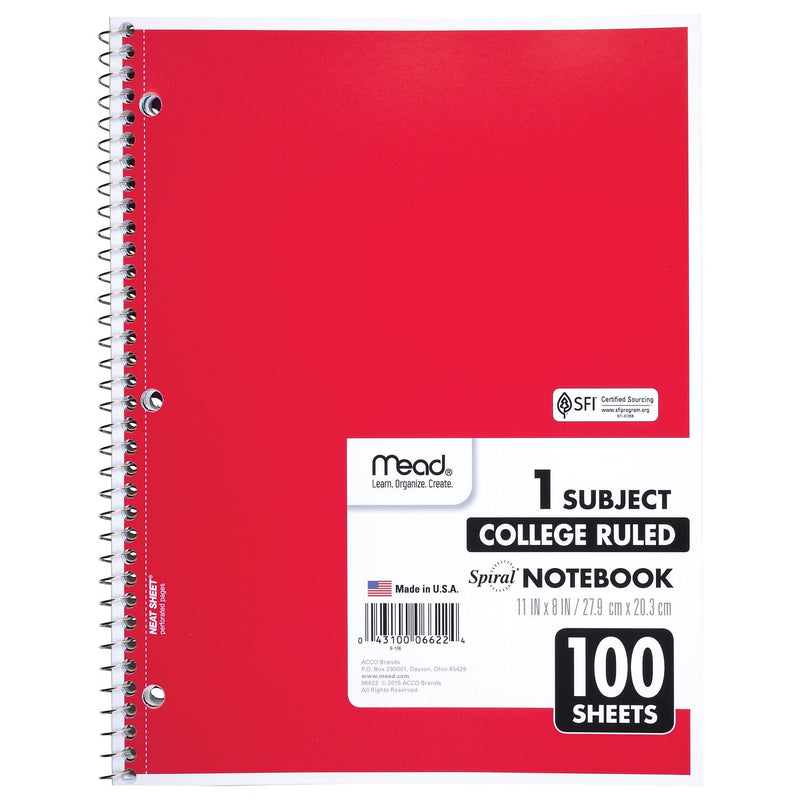 Mead 1-Subject Notebooks, 8" x 11", College Ruled, 100 Sheets (6622)