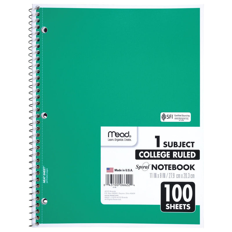 Mead 1-Subject Notebooks, 8" x 11", College Ruled, 100 Sheets (6622)