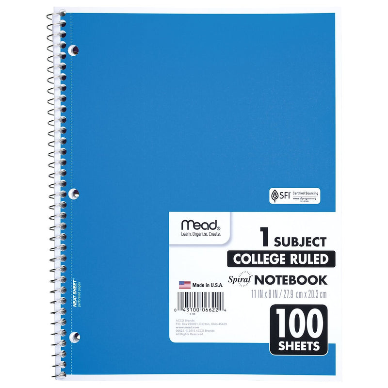 Mead 1-Subject Notebooks, 8" x 11", College Ruled, 100 Sheets (6622)