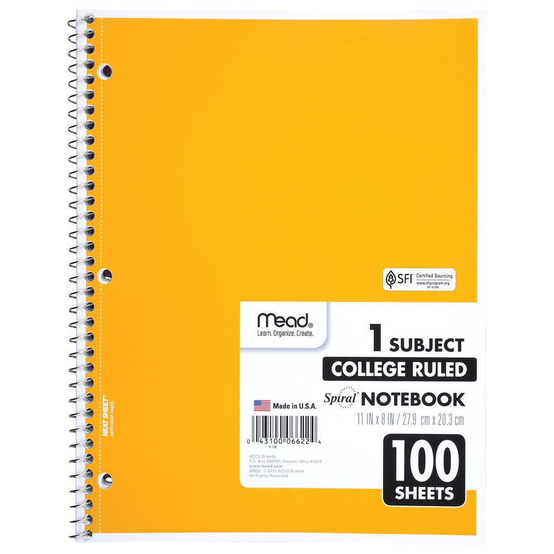 Mead 1-Subject Notebooks, 8" x 11", College Ruled, 100 Sheets (6622)