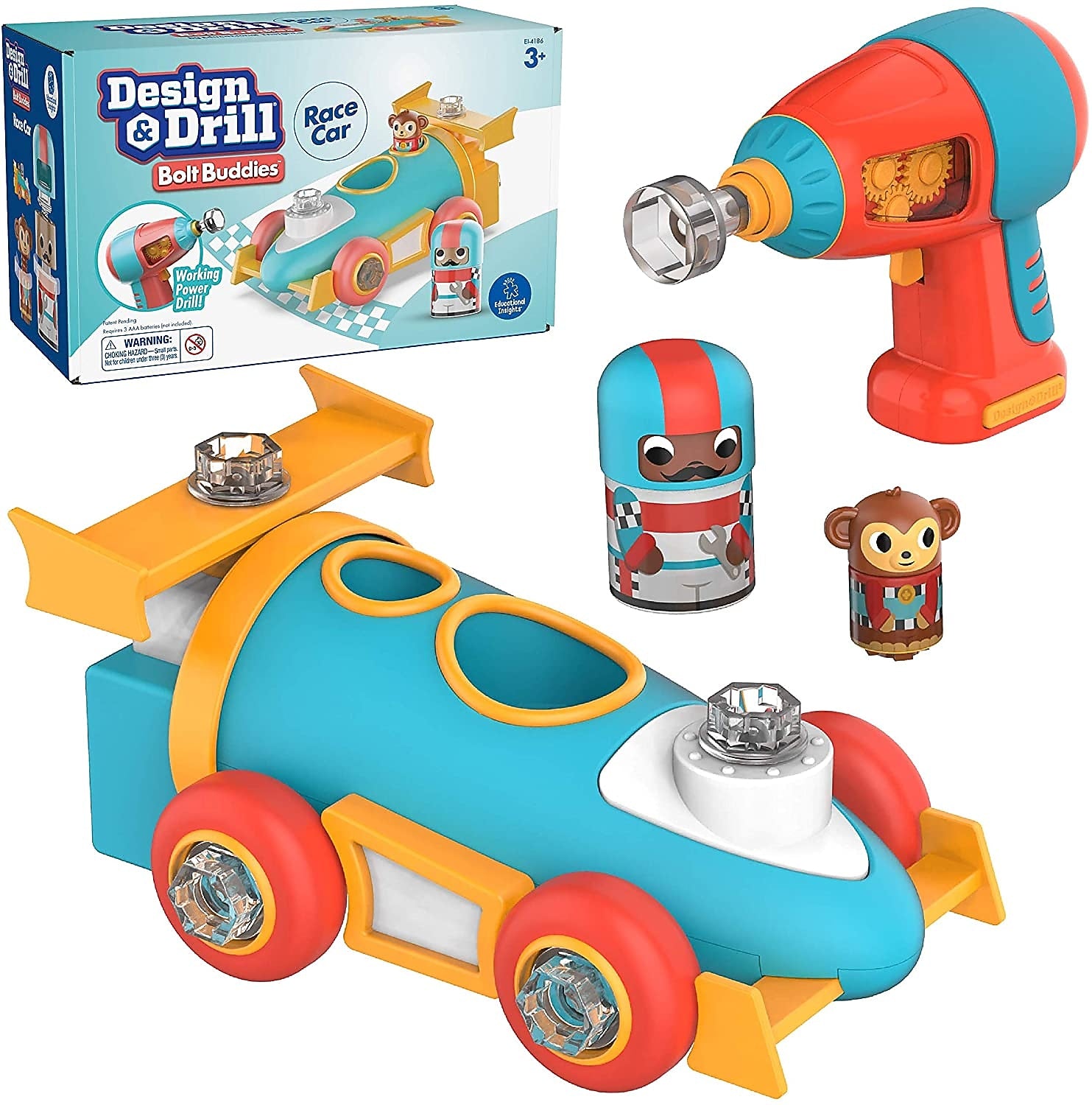 Educational Insights Design and Drill Bolt Buddies Race Car, 1.8" x 7.9" x 6.2", Multicolor (4186)