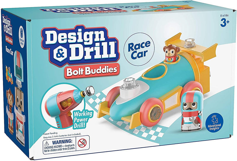 Educational Insights Design and Drill Bolt Buddies Race Car, 1.8" x 7.9" x 6.2", Multicolor (4186)