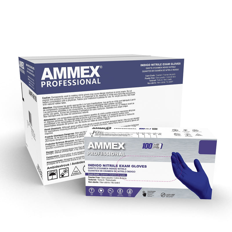 Ammex Professional Series Powder Free Nitrile Exam Gloves, Latex Free, Small, Indigo, 100/Box, 10/Carton (AINPF42100CC)