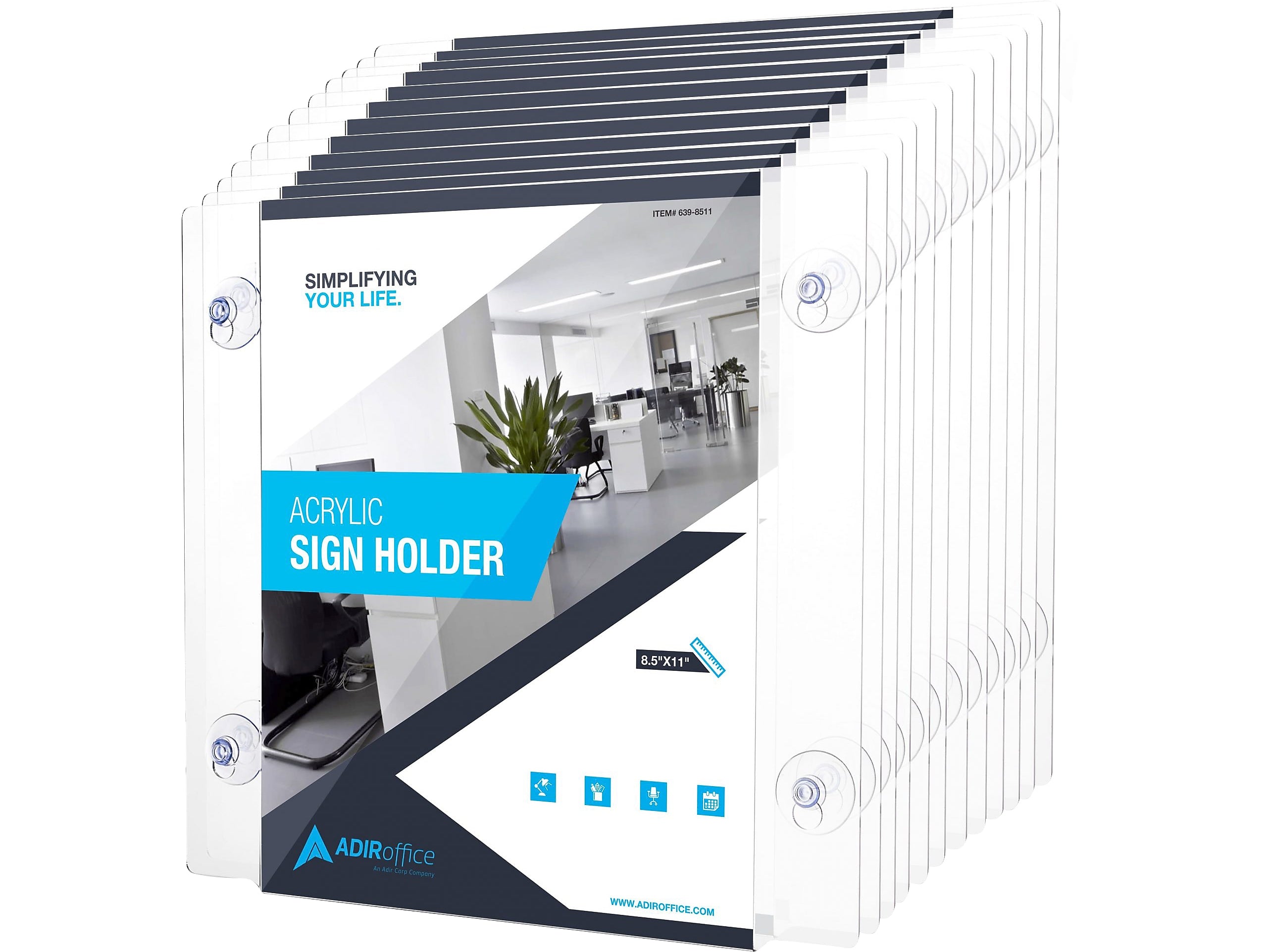 AdirOffice Window Sign Holder, 8.5" x 11", Vertical/Horizontal, Side Loading, Clear Acrylic, 12/Pack (639-8511-WSH-12)
