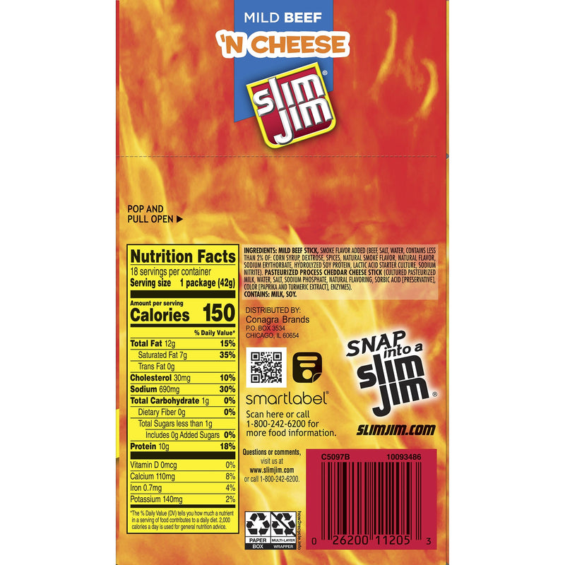 Slim Jim Mild Beef 'N Cheese Beef Meat Stick, 1.5 oz. (209-00656)