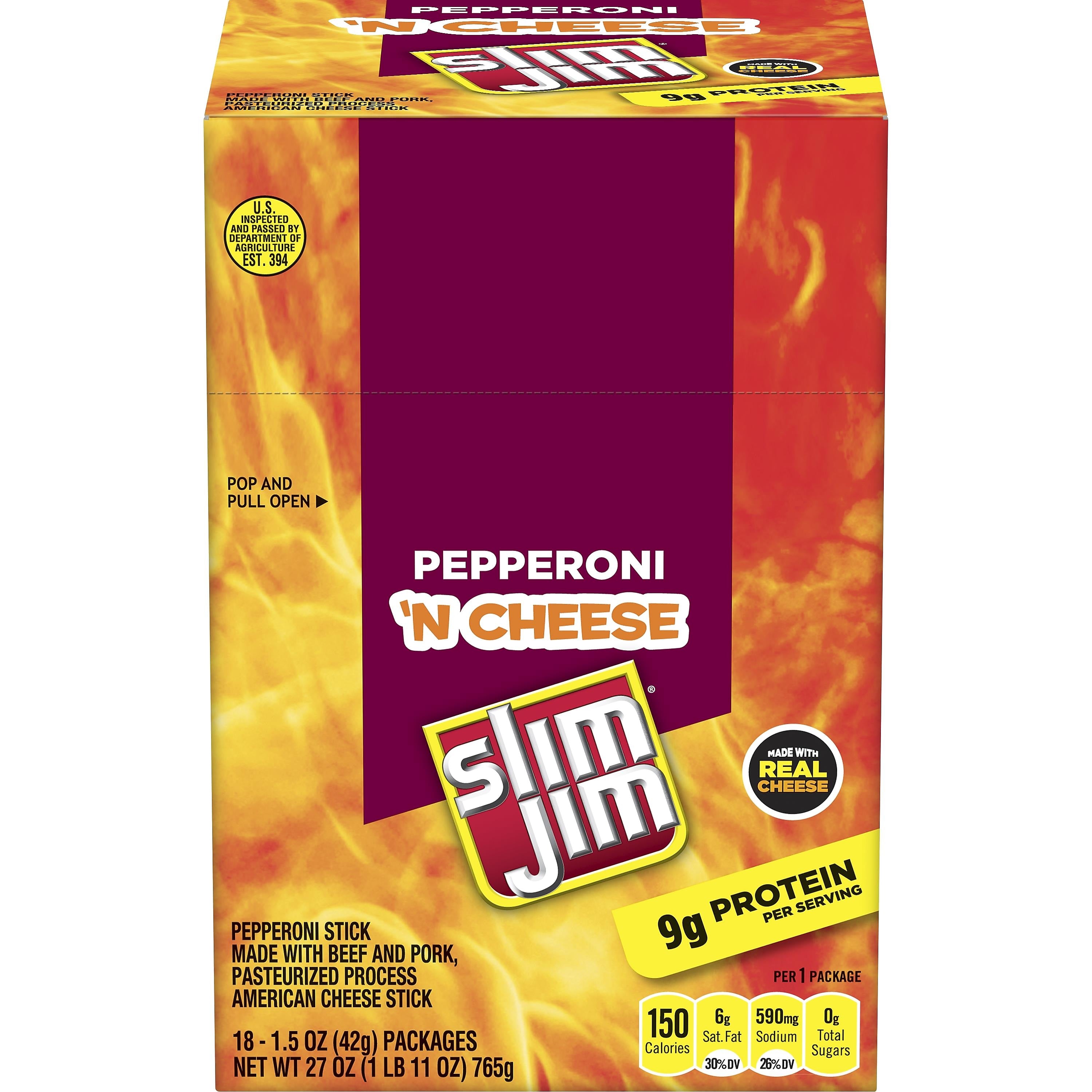 Slim Jim Pepperoni 'N Cheese Meat Stick, 1.5 oz., 18/Box (209-00655)
