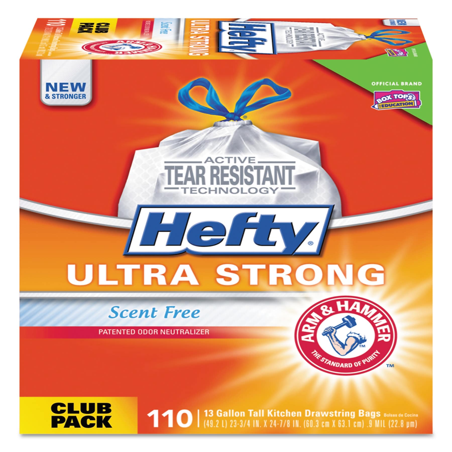 Hefty Ultra Strong 13 Gallon Kitchen Trash Bag, 23.75" x 24.88", Low Density, 0.9 mil, White, 110 Bags/Box (PCTE88368CT)