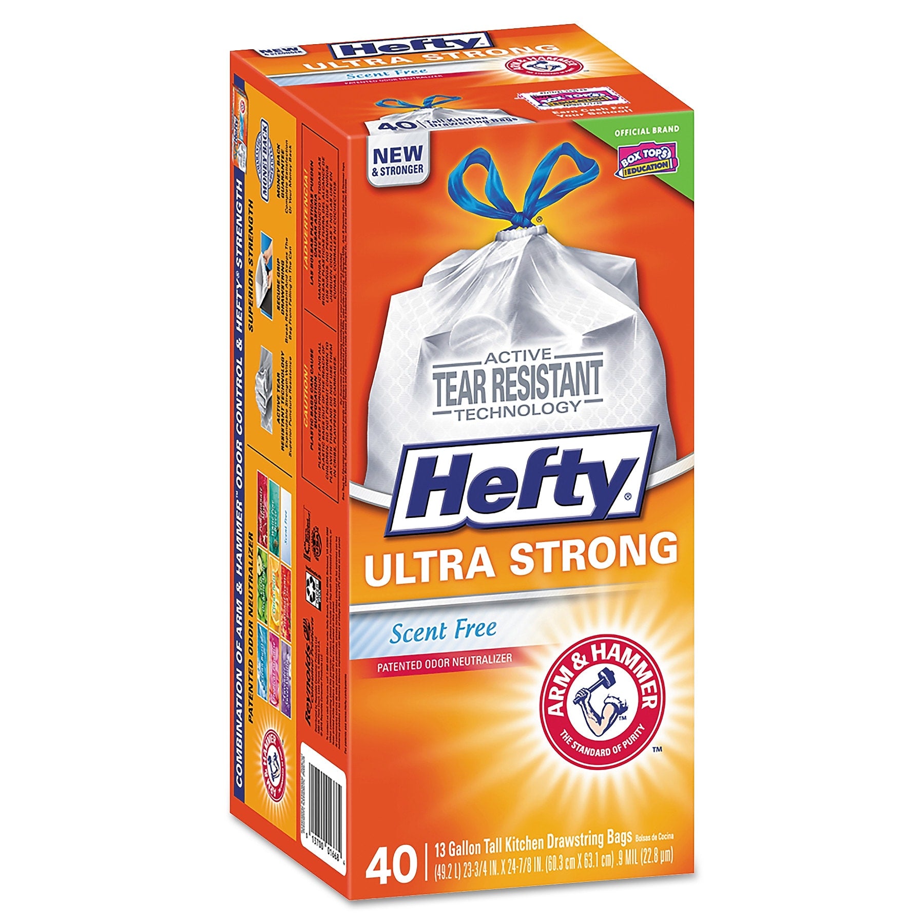 Hefty Ultra Strong 13 Gallon Kitchen Trash Bag, 23.75" x 24.88", Low Density, 0.9 mil, White, 40 Bags/Box (RFPE88338CT)