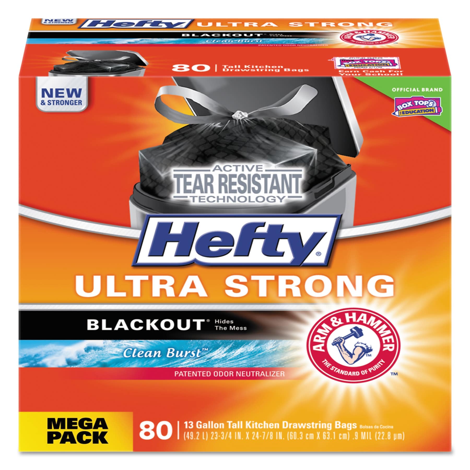 Hefty Ultra Strong 13 Gallon Kitchen Trash Bag, 23.75" x 24.88", Low Density, 0.9 mil, Black, 80 Bags/Box (PCTE88352CT)