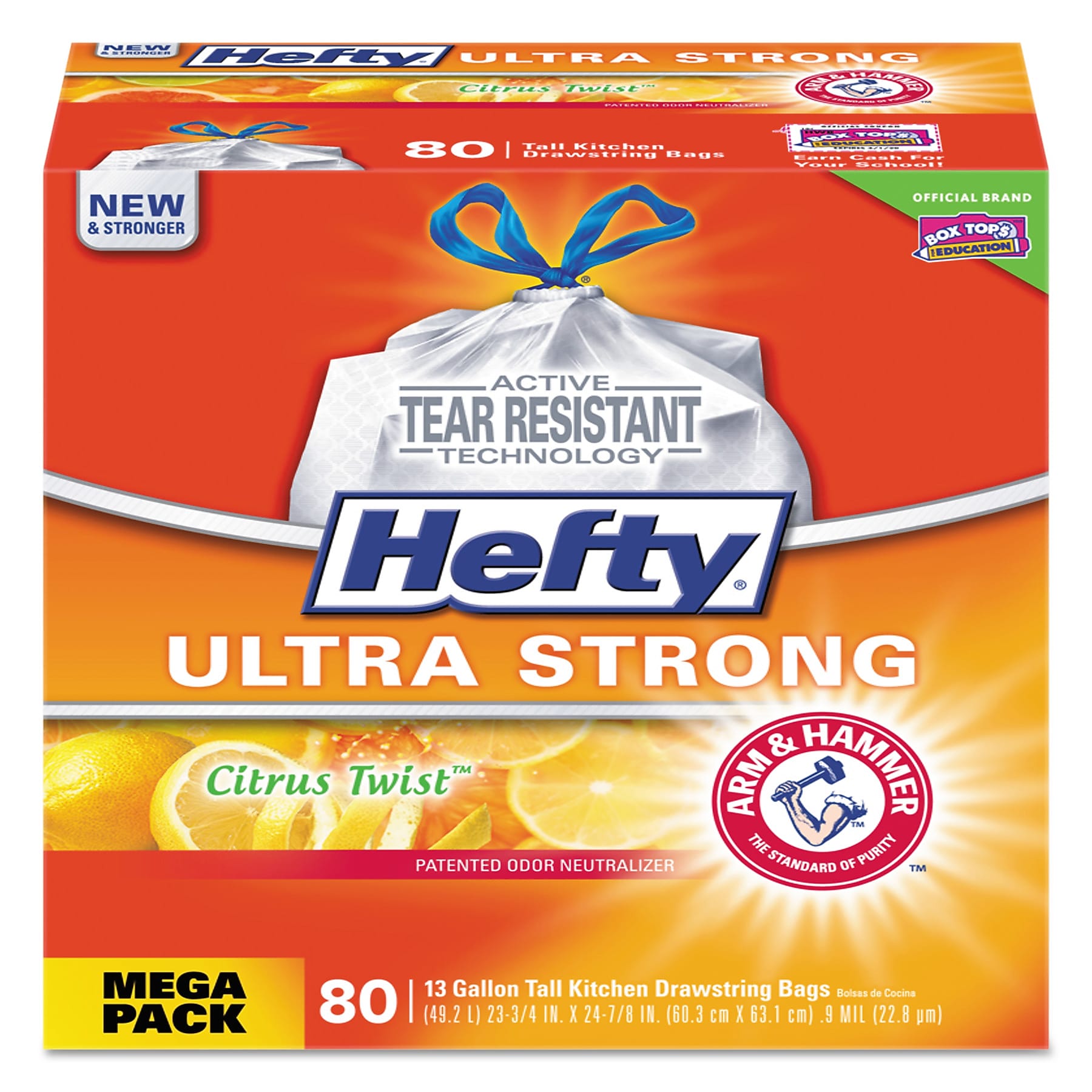 Hefty Ultra Strong 13 Gallon Scented Kitchen Trash Bag, 23.75" x 24.88", Low Density, 0.9 mil, Citrus Twist, White, 80 Bags/Box