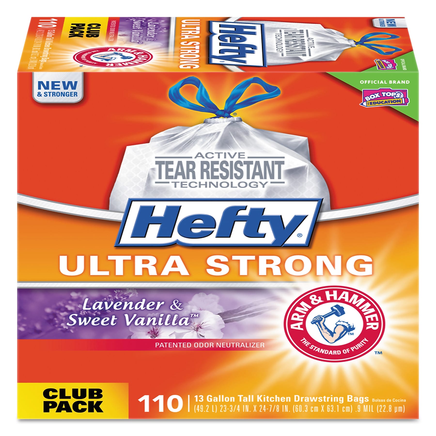 Hefty Ultra Strong 13 Gallon Kitchen Trash Bag, 23.75" x 24.88", Low Density, Lavender & Sweet Vanilla, 110 Bags/Box