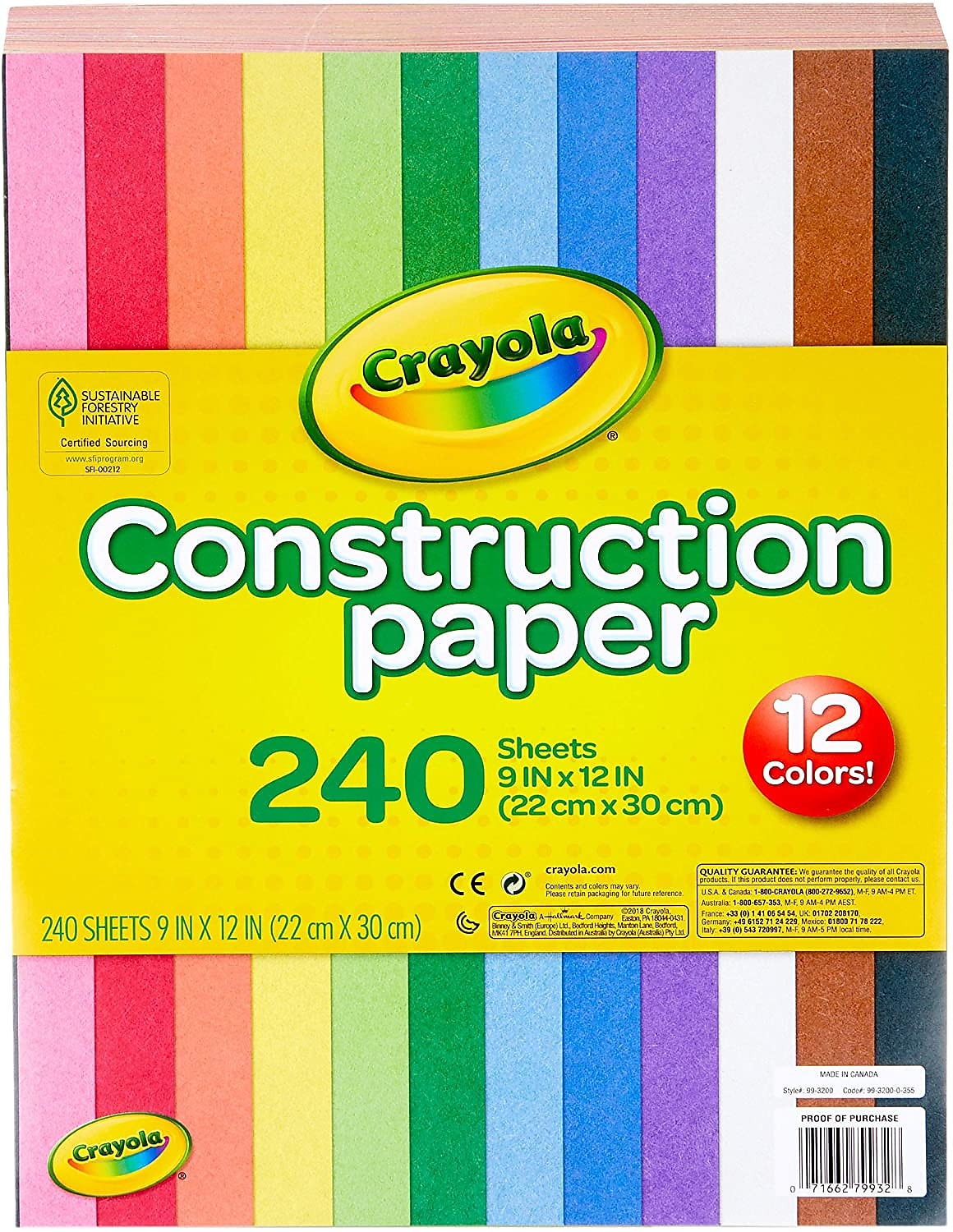 Crayola 12 Colors! Construction Paper, 12" x 9", Assorted Colors, 240/Carton (993200)