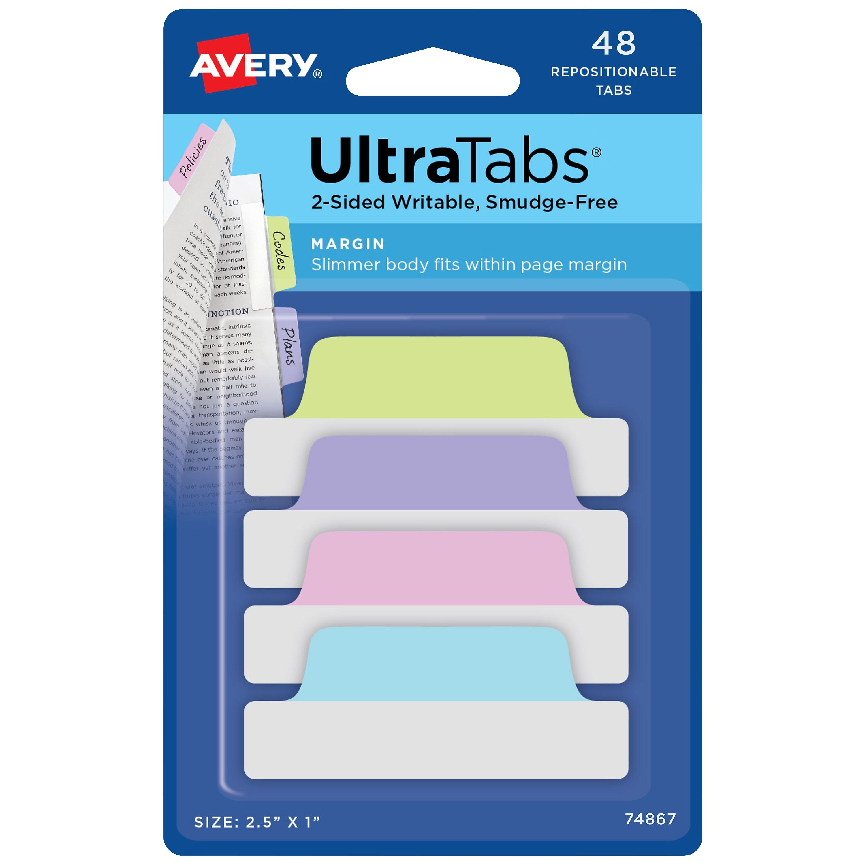 Avery UltraTabs Repositionable Margin Tabs, 2.5" x 1", Assorted Pastel Colors, 6 Tabs/Pad, 8 Pads (74867)