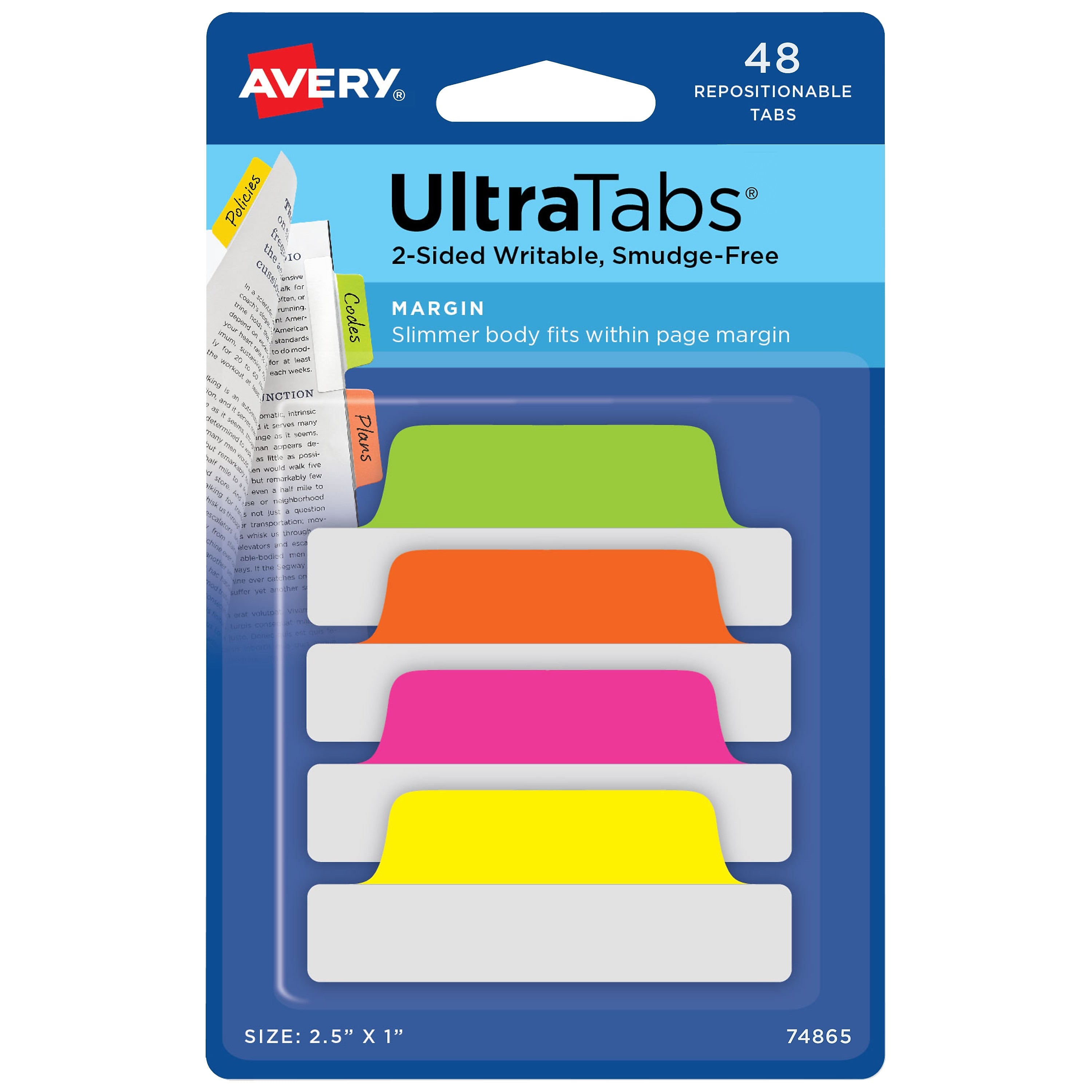 Avery UltraTabs Repositionable Margin Tabs, 2.5" x 1", Assorted Neon, 6 Tabs/Pad, 8 Pads (74865)