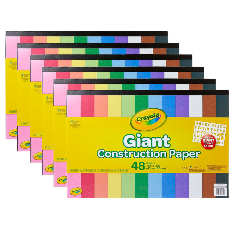 Crayola Giant Construction Paper, 12" x 18", Assorted Colors, 48 Sheets/Pad, 6 Pads/Bundle (BIN990055-6)
