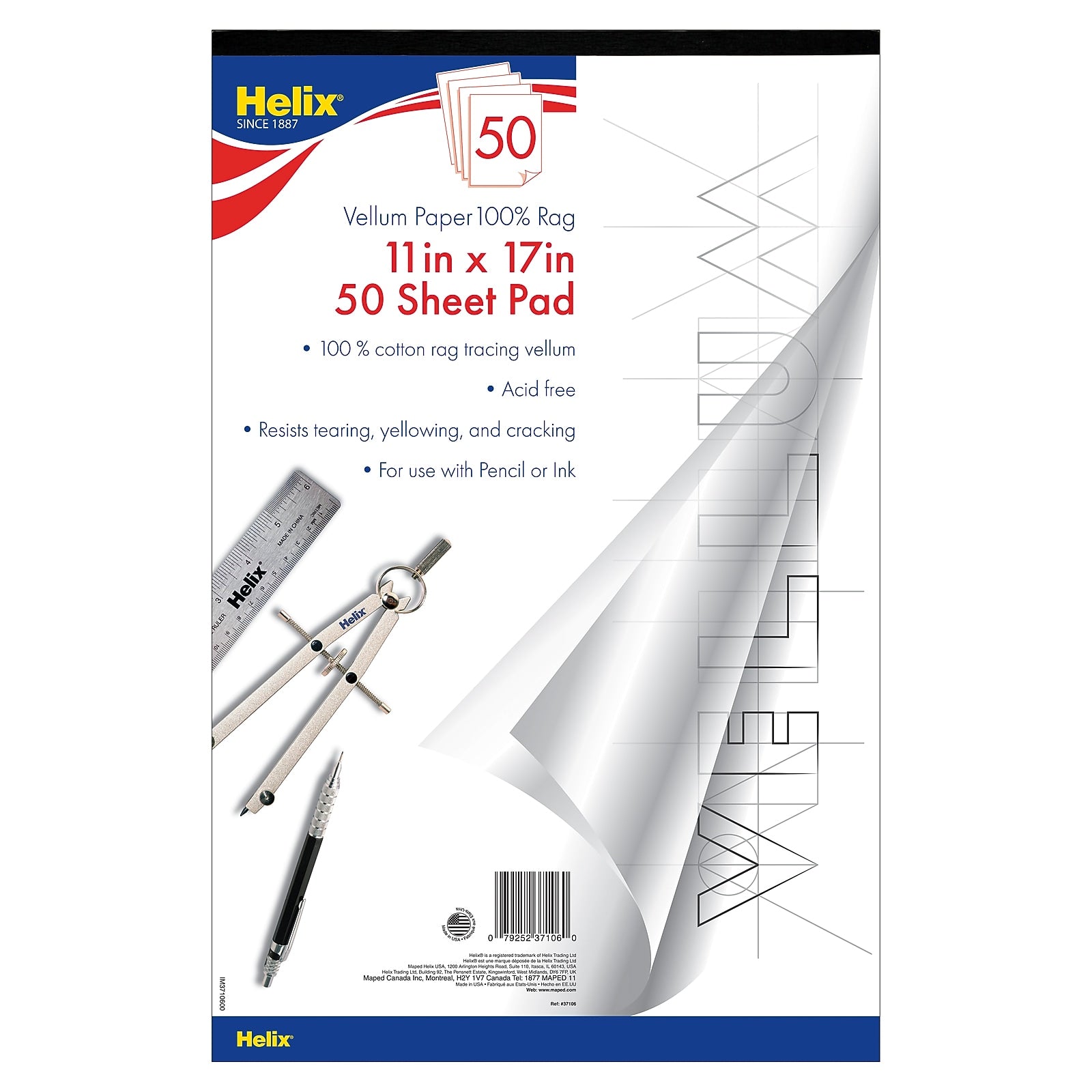 Helix® Vellum Paper Pad, 100% Rag, 11" x 17", White, 50 Sheets (MAP37106)