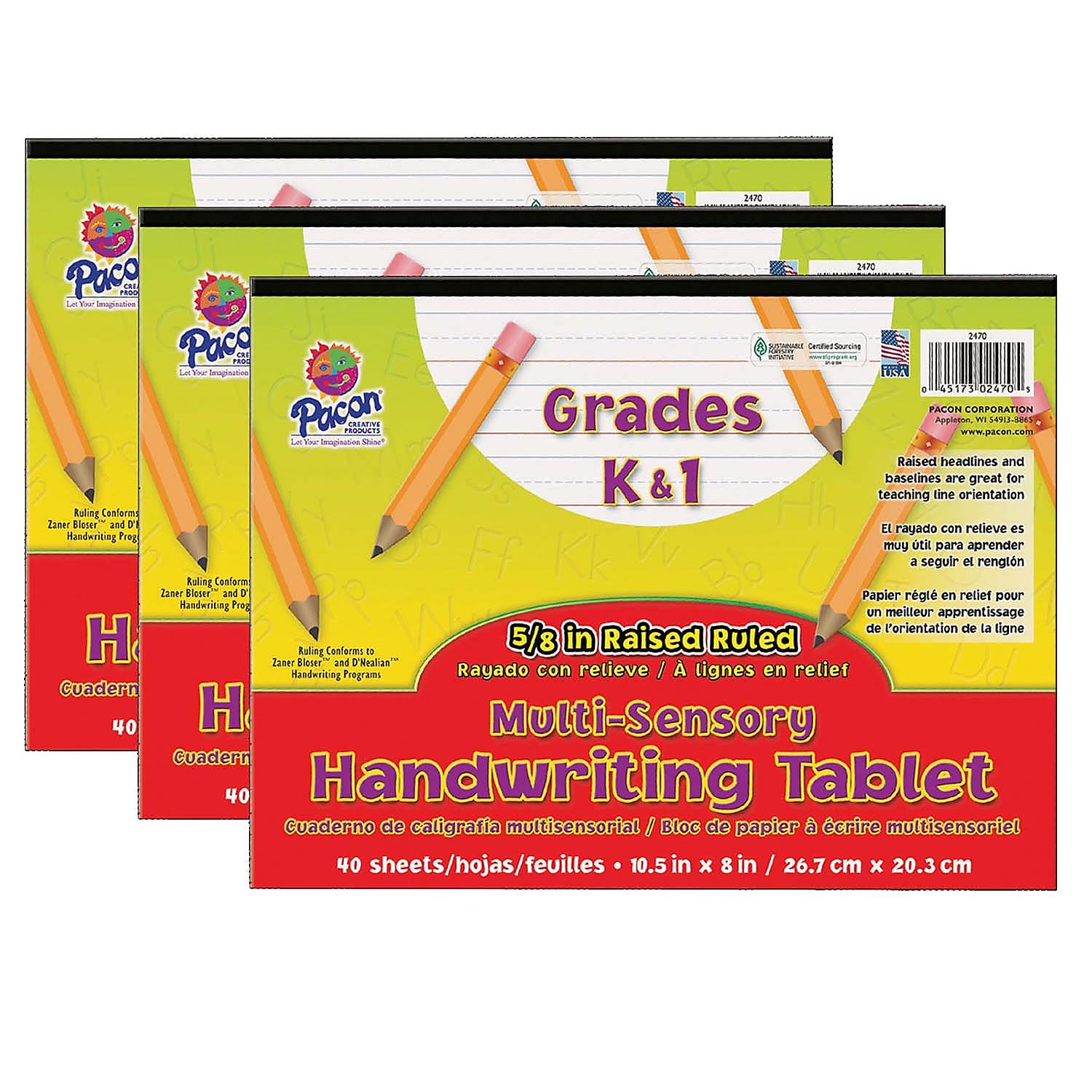 Pacon® Multi-Sensory Raised Ruled Tablet, 5/8" x 5/16" x 5/16" Ruled Long, 10.5" x 8", White, 40 Sheets, Pack of 3 (PAC2470-3)