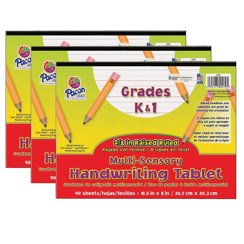 Pacon® Multi-Sensory Raised Ruled Tablet, 5/8" x 5/16" x 5/16" Ruled Long, 10.5" x 8", White, 40 Sheets, Pack of 3 (PAC2470-3)