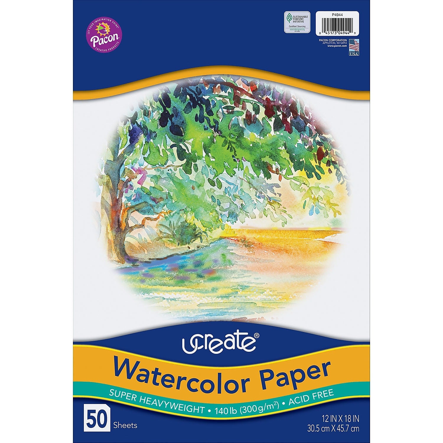 UCreate Watercolor Paper, 140 lb., 12" x 18", White, 50 /Pack (PAC4944)