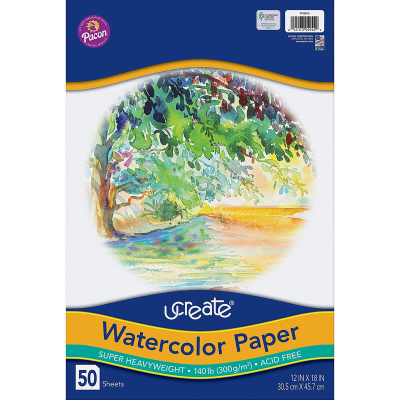 UCreate Watercolor Paper, 140 lb., 12" x 18", White, 50 /Pack (PAC4944)