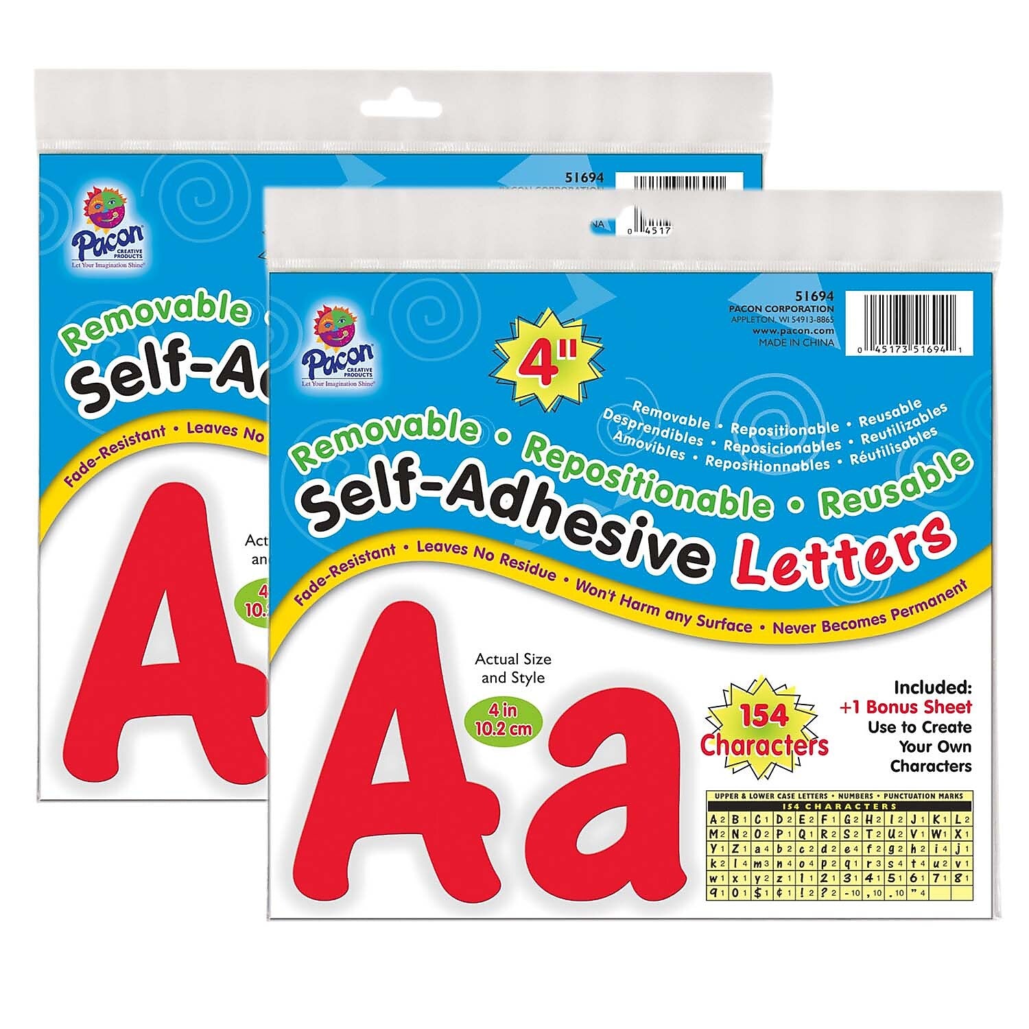 Pacon Cheery Font 4" Self-Adhesive Letters, Red, 154 Per Pack, 2 Packs