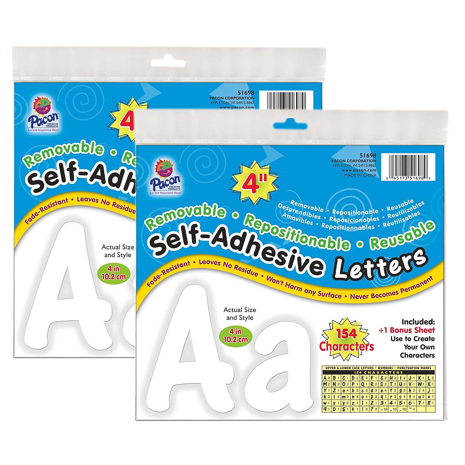Pacon Cheery Font 4" Self-Adhesive Letters, White, 154 Per Pack, 2 Packs