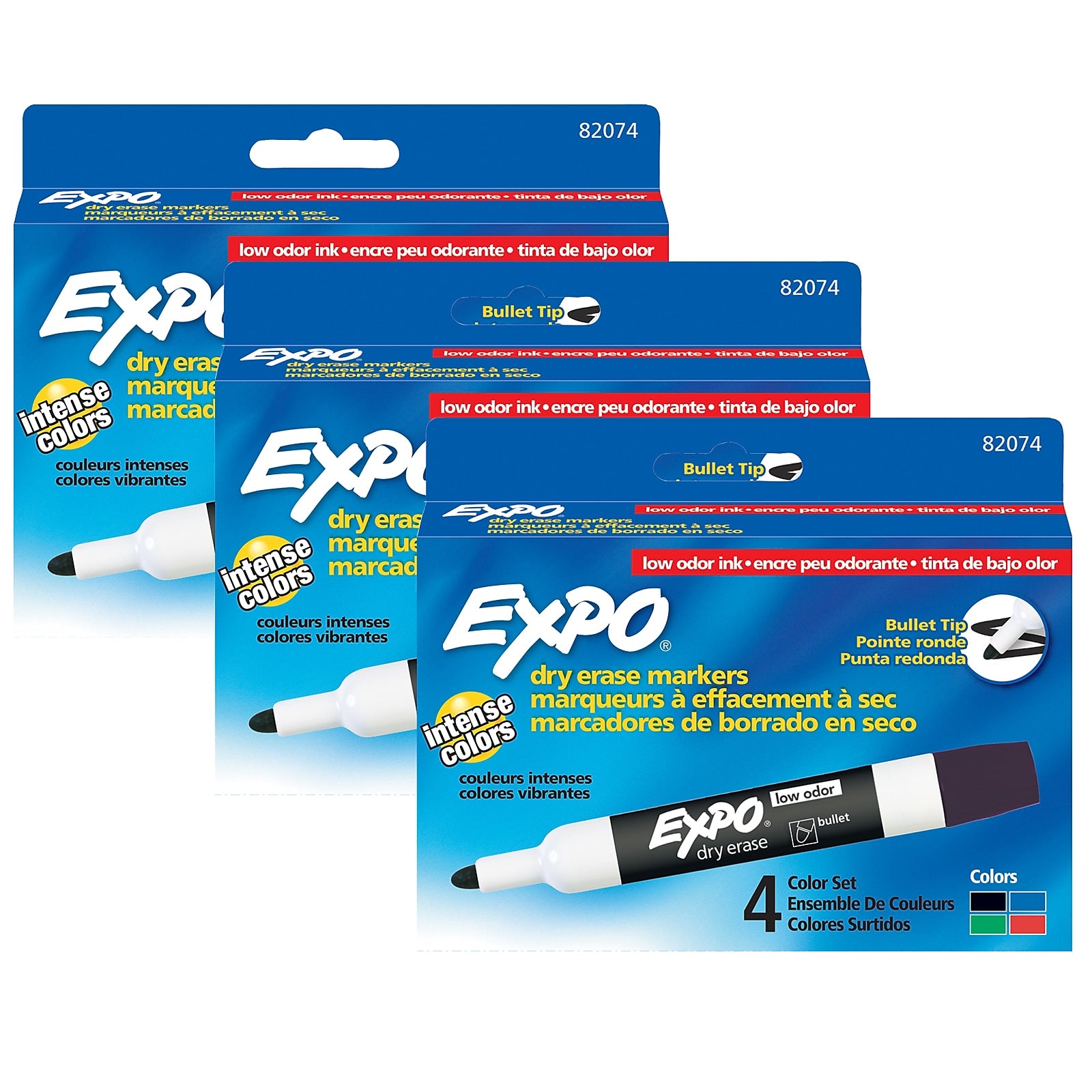 EXPO® Low Odor Dry Erase Markers, Bullet tip, Assorted Colors, 4 Per Pack, 3 Packs, (SAN82074-3)