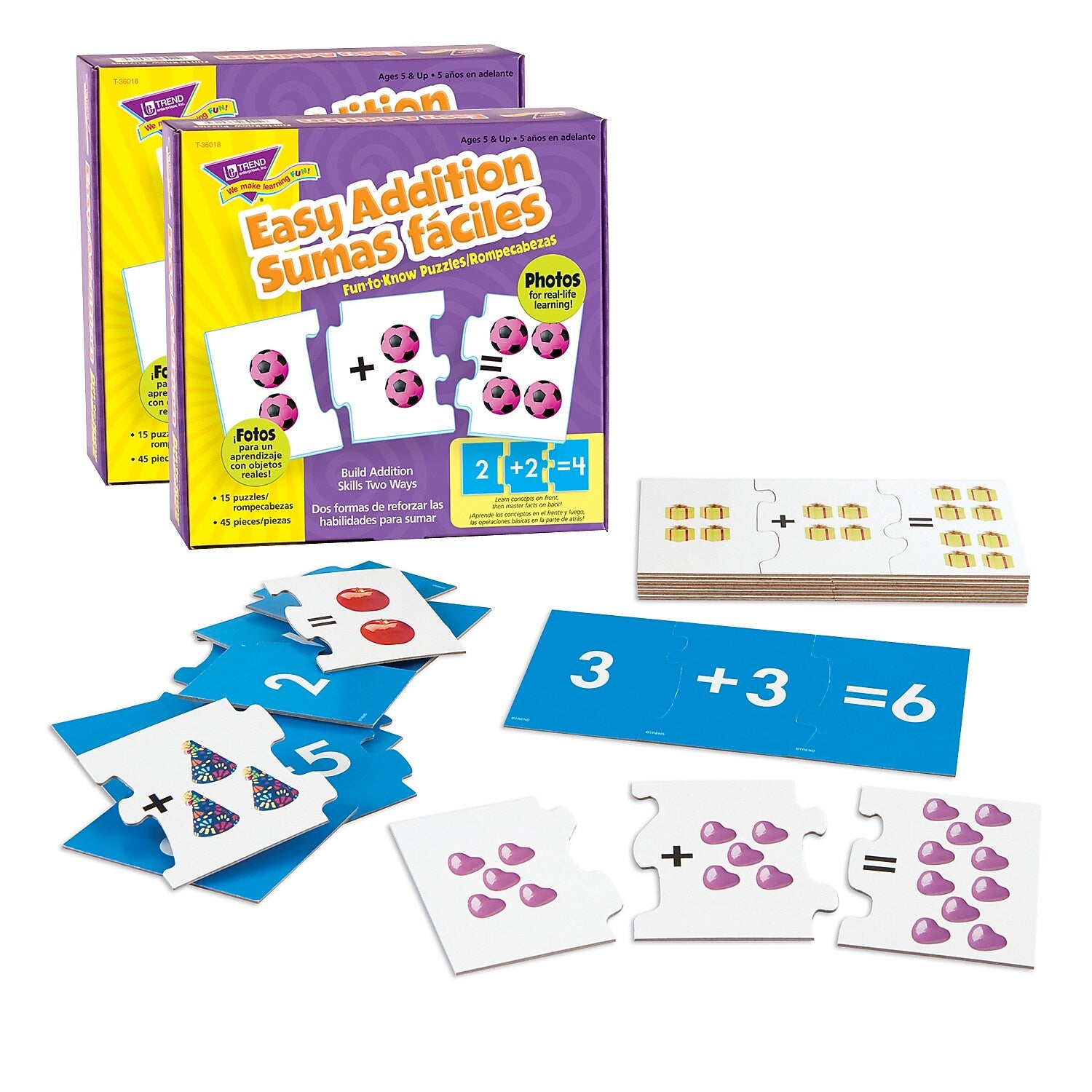Trend Enterprises 45-Piece Easy Addition Sumas Faciles Fun-to-Know Puzzles, 2/Bundle (T-36018-2)