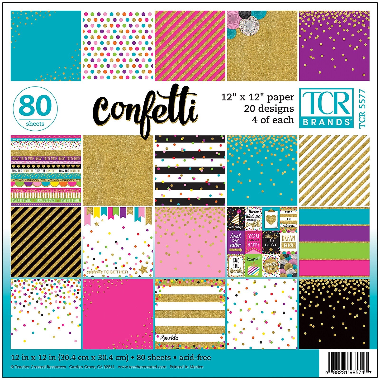 Teacher Created Resources Confetti Project Paper, 12" x 12", Assorted Colors, 80 Sheets (TCR5577)