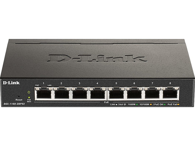 D-Link DGS-1100 8-Port Gigabit Ethernet Smart Switch, 10/100/1000 Mbps, Black (DGS-1100-08PV2)