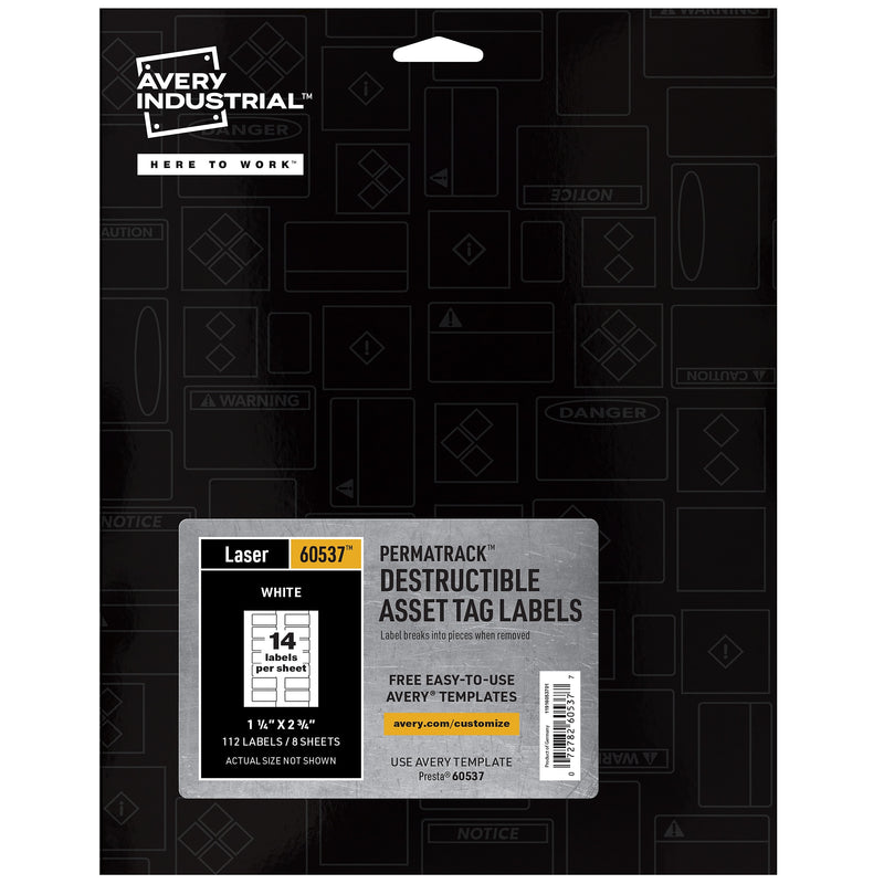 Avery PermaTrack Destructible Laser Asset Tags, 1-1/4" x 2-3/4", White, 14 Labels/Sheet, 8 Sheets/Pack (60537)