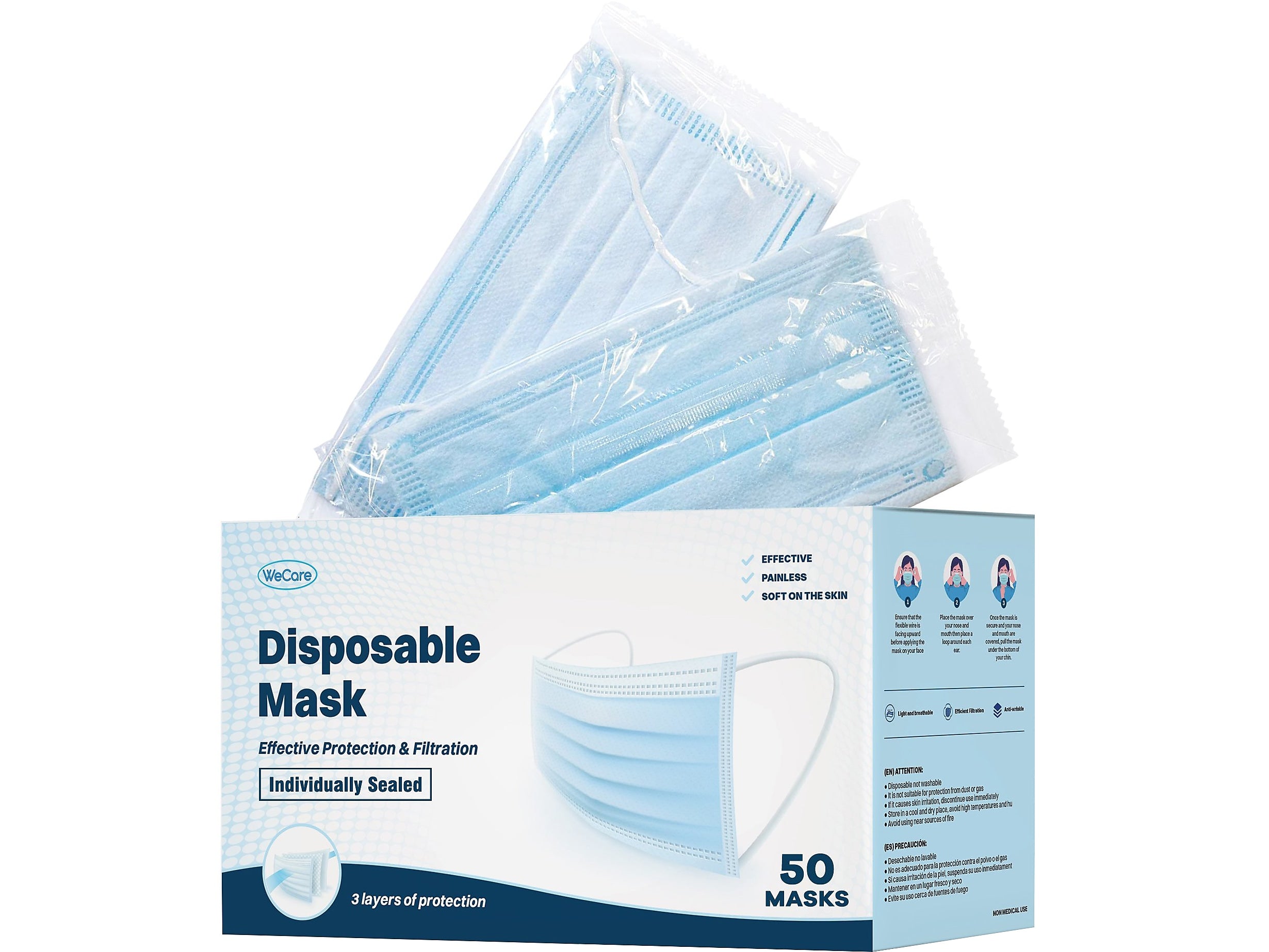 WeCare 3-ply Disposable Face Mask, Adult, Blue, 50/Box (WMN100003)