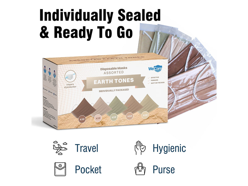 WeCare 3-ply Disposable Face Masks, Adult, Assorted Earth Tones, 50/Box (WMN100090)