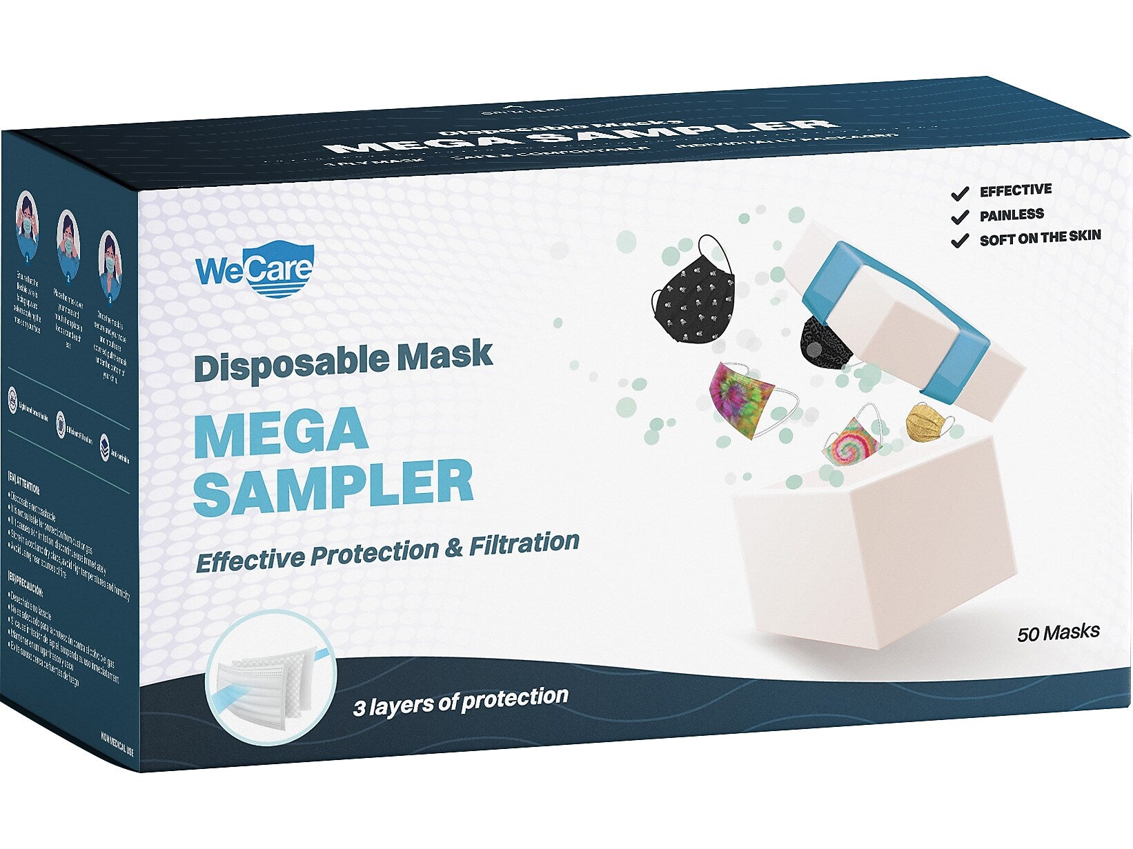 WeCare 3-ply Disposable Face Masks, Mega Sampler, Adult, Assorted Colors, 50/Box (WMN100102)